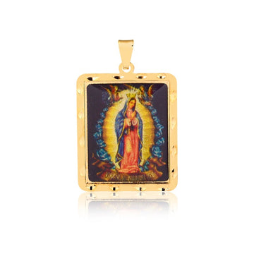 18K Gold Layered Oro Laminado Enamel Our Lady of Guadalupe Square Medal Pendant 31.0089/17